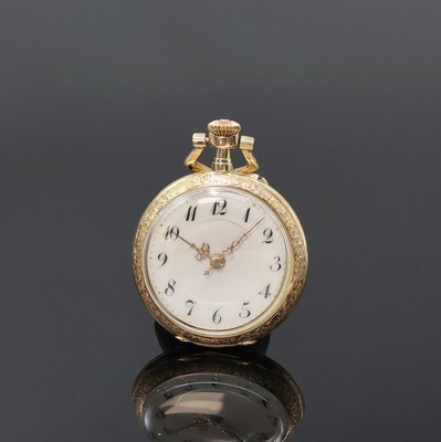 Kleine Email-Taschenuhr in GG 585/000, Schweiz um 1900, bombiertes Geh., rücks. am Rand tief grav. sowie polychrom emaillierte Blüten im Zentrum ...