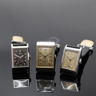 ARCTOS/UROFA 58 sowie 2 weitere rechteckige Armbanduhren, Handaufzug, 1) Arctos Elite, 2-tlg. Stahlgeh., silb. Zifferbl., gebl. Zeiger, versilb. Werk ...