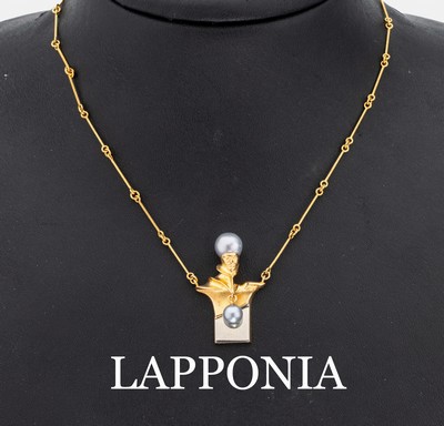 14 kt Gold LAPPONIA Collier, GG/WG 585/000,1980, Modell Mönch, Design Björn Weckström, 2 silbergraue Zuchtperlen, L. ca. 43 cm, Hakenschließe, ...