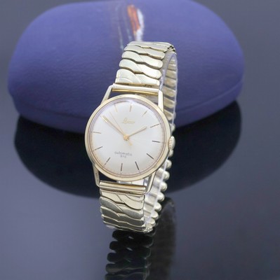 LACO Herrenarmbanduhr in GG 585/000, Deutschland um 1970, Automatik, Boden verschr., neutr. Flexband m. Goldhauben in GG 585/000, silb. Zifferbl. m. ...