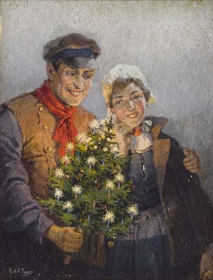 Rudolf Alfred Höger, 1877 Proßnitz-1930 Wien, wohl österreichisches Trachtenpaar mit Weihnachtsbaum, links unten signiert, Öl/Lwd,ca. 44x34 cm, ...