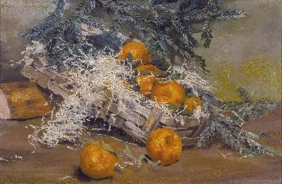 Wanda von Köppel, datiert 1903, Stillleben mit Orangen und Tannenzweigen, links oben signiert und datiert, Öl/Lwd, Rahmen 42x61 cm