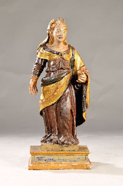 Stehende Heiligenfigur, 18. Jh., Bildschnitzerei, eventuell Hl. Barbara, Lindenholz geschnitzt, alte Fassung, teilrestauriert und leicht verändert, ...