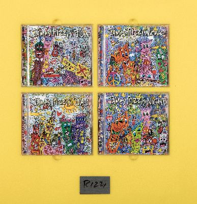 James Rizzi, 1950-2011, "Fun Day Love Night", 4 tlg. CD-Set, Plakette handsigniert, in farbigem Rahmen arrangiert, R. 54x54 cm