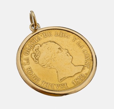 14 kt Gold Münz-Anhänger, GG 585/000, lose gefasste Goldmünze, 80 Real Spanien, 1839, schlichte Rahmung, ca. 9.0 g