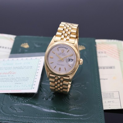 ROLEX sehr seltene und frühe Herrenarmbanduhr Oyster Perpetual Day-Date aus der ersten Serie Referenz 6511, Automatik, GG 750/000 inkl. orig. ...