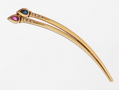 14 kt Gold Farbstein-Brillant-Brosche, GG 585/000, außergewöhnliche Gestaltung, facett. Rubintropfen und facett. Saphirtropfen zus. ca. 0.50 ct, 6 ...
