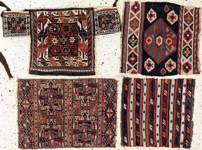 4 Lots Schahsawan, Persien, Tasche & Taschenfront, um 1900, Wolle auf Wolle, ca. 66x 47 cm, EHZ: 3