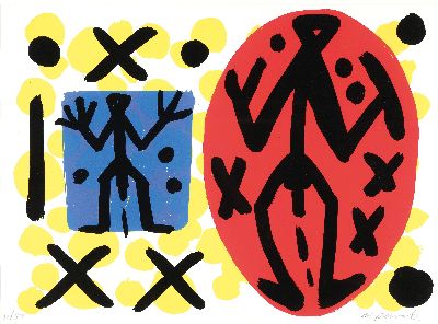 A.R. Penck, 1939 - 2017, Lustgarten, Farbsiebdruck von 1993, handsigniert und num. 31/50, ca. 54 x 76.5 cm, PP., unter Glas, Rahmen ca. 72 x 92 cm