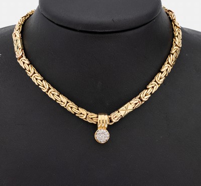 14 kt Gold Brillant-Anhänger, GG/WG 585/000, in mehreren Ebenen, 19 in WG gefassteBrillanten zus. ca. 0.24 ct Weiß/si, an Königskette ...