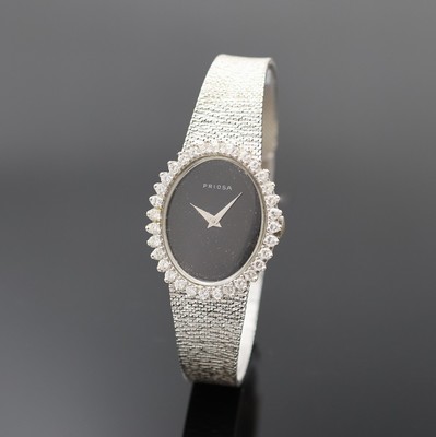 PRIOSA Damenarmbanduhr in WG 585/000 mit Diamanten, Schweiz um 1965, Handaufzug, Boden aufgedr., Goldband, Lünette aufw. m. Diamanten bes., ...