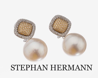 Paar 14 kt Gold Perl-Diamant-Ohrstecker, WG/GG 585/000, 2 weiße Südseezuchtperlen, D. ca. 15.9 mm, nat. Merkmale, ca. 190 8/8- Diamanten zus. ca. ...