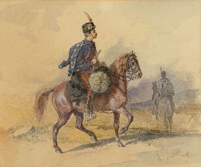 Wilhelm Richter, 1824-1892, Ungarischer Reiter, Aquarell auf Papier, rechts unten sign. und dat. 1863, ca. 24x29cm, PP, u.Gl., R. ca. 42x48cm