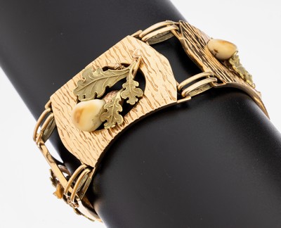 14 kt Gold Grandel-Armband, RG/GG 585/000, Eichenlaubdekor, Oberfläche strukt., L. ca. 19.5 cm, Kastenschloss, Sicherheitskettchen mit Federring, ...