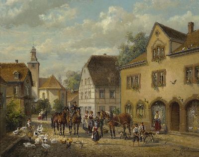 Hubert Kaplan, 1940-2024 Egling, Ansicht der Bahnhofstraße in Aglasterhausen, reiche Figurenstaffage mit Gänsemagd, Hirtenknaben und ...
