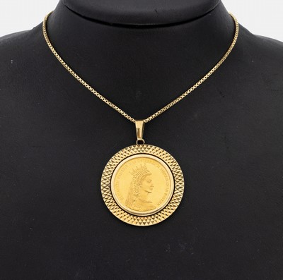 Anhänger mit Goldmedaille, Fassung GG 585/ 000, Medaille: Elisabeth Kaiserin von Österreich Herzogin in Bayern, an Kette GG 585/000, L. ca. 60 cm, ...