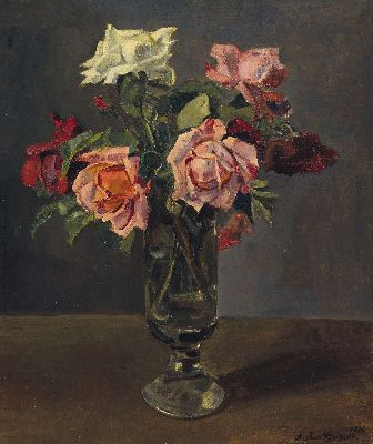 Arthur Grimm, 1883 Mudau-1948 Karlsruhe, Stillleben mit Rosen in einer Glasvase, Öl/Lwd, rechts unten sign. und dat. 1936, ca. 60x50cm, R. ca. ...