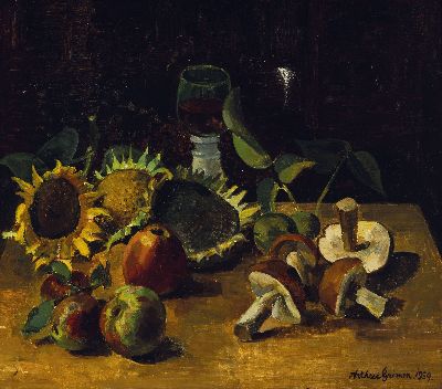 Arthur Grimm, 1883 Mudau-1948 Karlsruhe, Stillleben mit Sonnenblumen, Äpfel, Pilzen und Weinglas, Öl/Lwd, rechts unten sign. und dat. 1939, ...