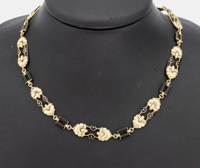 14 kt Gold Collier mit Email, GG 585/000, geometrische Glieder mit Muscheldekor, schwarzemailliert, L. ca. 43 cm, Federringschließe, ca. 21.7 g