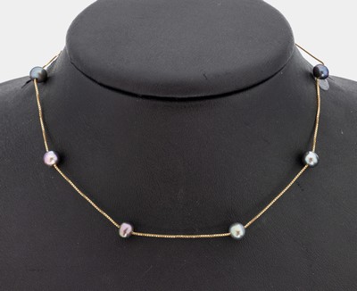 14 kt Gold Süßwasserzuchtperlen-Collier, GG585/000, dunkelgraue Perlen, D. ca. 6 mm, L. ca. 46 cm, Federringschließe, ca. 4.2 g