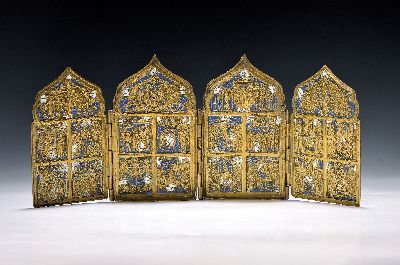 Tetraptychon, bzw. Reiseikone, Russland, 19.Jh., Bronze, blau und weiß emailliert, Festtage und Lobpreis der Gottesmutter, 3 Tafeln mit der ...