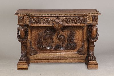 Prächtige Wandkonsole, deutsch, um 1880/90, Historismus, Eiche massiv, kassettiert, Mittelteil leicht vorspringend, integrierte Schubladen, ...