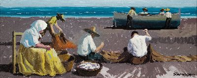 Esteban Fernandez Domenech, 1888-1960, Fischer beim Netze flicken am Strand, Öl/Masonit, rechts unten signiert, 20x46 cm, R. 33x60 cm