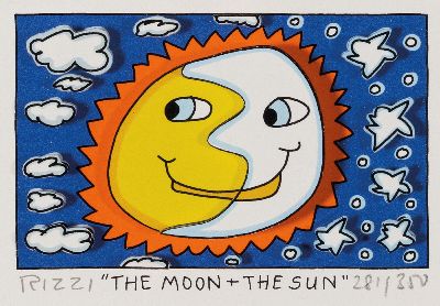 James Rizzi, 1950-2011, 3D-Grafik, Siebdruck, "The Moon + The Sun", Ed. 281/350, handsigniert, Motiv 5x8 cm, unter PP und Glas gerahmt ...