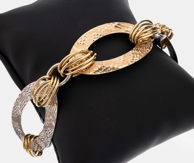 14 kt Gold Armband, GG/WG/RG 585/000, außergewöhnliche Gestaltung, Oberfläche part. strukt., L. variabel ca. 19.5 - 21 cm, Karabinerschließe, ...