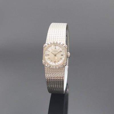 LONGINES Damenarmbanduhr in WG 750/000 mit Diamanten, Schweiz um 1972, Handaufzug, Boden aufgedr., Geh. teilw. m. Diamanten bes., silb. Zifferbl. m. ...