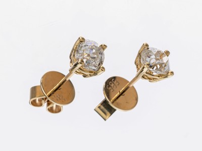 Paar 14 kt Gold Diamant-Ohrstecker, GG 585/000, 2 Altschliffdiamanten zus. ca. 1.34 ct Weiß/si, ca. 1.9 g