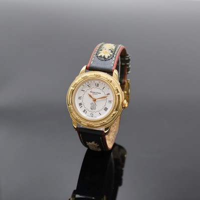MICHEL JORDI auf 9999 Stück limitierte Armbanduhr, Automatik, Schweiz um 1991, verg. Geh. inkl. orig. Lederband (zu ern.) m. orig. Dornschl., beids. ...