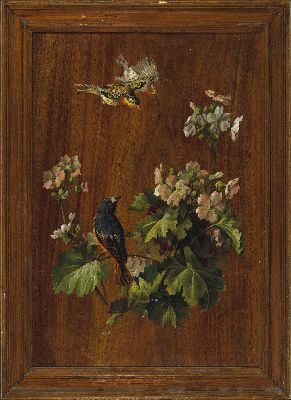 Unbekannter Maler des 19. Jh., Stillleben mit Blumen und Vögel in trompe-d' oeuil Manier, Öl/Holz, die Holzmaserung als Untergrund, ca. ...