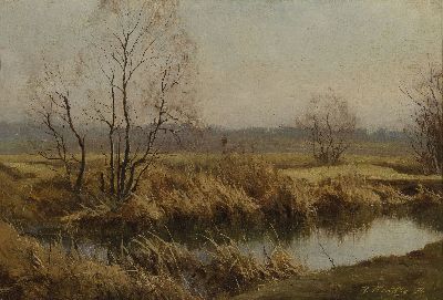 Hanny Franke, 1890 Koblenz-1973 Frankfurt/Main, An der Nidda, rückseitig so betitelt, Öl/Malkarton, rechts unten sign. und dat. 34, ca. 25x37cm, R. ...