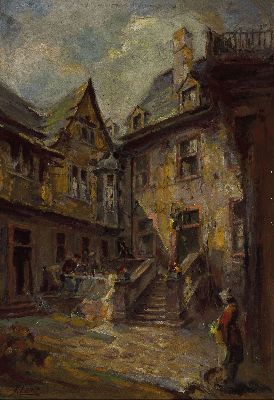 Karl Lang, geb. 1911 Mainz, Ansicht aus dem Hänleingäßchen in der Mainzer Altstadt, Öl/ Hartfaser, rückseitig betitelt Hänleiner Hof im ...