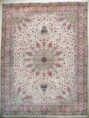Täbriz fein(50 Raj), Persien, signiert(Torabi), Mitte 20.Jhd, Korkwolle auf Baumwolle, ca. 382 x 298 cm, ca. 500.000 Kn/qm, Reinigungsbedürftig, ...