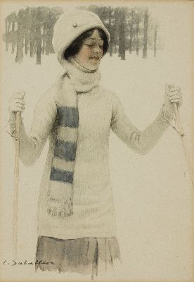 Louis Remy Sabattier, 1863 Annonay-1935 Nizza, aquarellierte Zeichnung, junge Frau im Schneeanzug beim Skifahren, links unten signiert L.Sabattier, ...