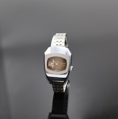 SICURA Damenarmbanduhr, Handaufzug, Schweiz um 1970, pultförmiges Metallgeh. verchr., Edelstahlboden aufgedr., neutr. Gliederband, braunes Zifferbl. ...