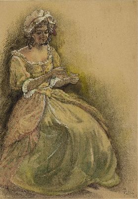 Karl Petau, 1890 Pirna-1947 Düsseldorf, Der Liebesbrief, Mädchen mit Haube beim Lesen, Aquarell und Gouache über Tusche, rechts unten sign. und ...
