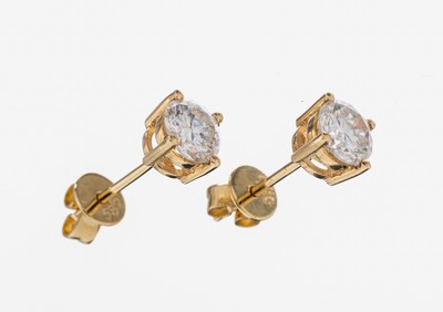 Paar 14 kt Gold Brillant-Ohrstecker, GG 585/000, 2 Brillanten zus. ca. 1.00 ct Weiß/si