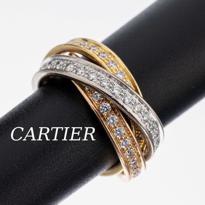 18 kt Gold CARTIER Brillant-Ring, GG/WG/RG 750/000, Trinity-Serie, Brillanten zus. ca. 2.40 ct feines Weiß/vs, RW 52, ca. 9.5 g, sign., mit orig. ...