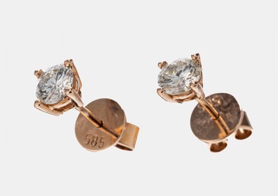 Paar 14 kt Gold Brillant-Ohrstecker, RG 585/000, 2 Brillanten zus. ca. 0.91 ct Weiß/ vs-si, ca. 1.7 g