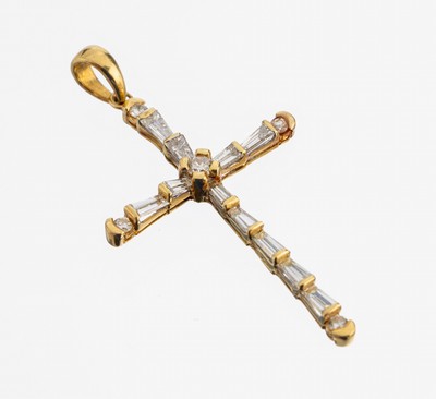 18 kt Gold Diamant-Kreuzanhänger, GG 750/000, 11 Diamant-Trapeze und 5 Brillanten zus. ca. 0.70 ct l.get.Weiß/vs-si, ca. 3.8 x 2cm, ca. 2.0 g