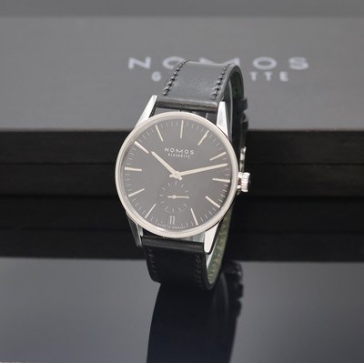 NOMOS Zürich Automatik große Armbanduhr in Stahl, Deutschland um 2020, beids. vergl. Geh., Boden 6-fach verschr., orig. Lederband m. orig. ...