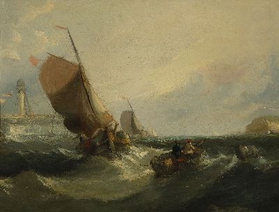 Alfred Montague, 1832 London-um 1883, maritime Szene, Fischer im Ruderboot und zwei Segelschiffe vor Mole mit Leuchtturm, Öl/Lwd/Holz, auf Segelboot ...