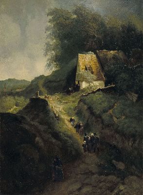Kopie nach Andreas Achenbach (1815-1910), um 1900, nach dem Original von 1871, Westfälische Landschaft mit Haus und Personen, Öl/Malkarton, ...