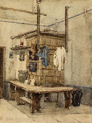 Konstantin Stoitzner, 1863 Chrostau-1933 Wien, In der Bauernstube, Aquarell auf Papier, links unten signiert, ca. 24.5x18.5cm