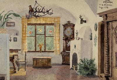 Carl Kessler, 1876 Coburg-1968 München, Interieur der Villa Würmegg Aug. 1919, so rechts oben bez. und sign., Aquarell auf Papier, ca. 24x34cm, PP