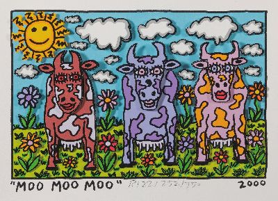 James Rizzi, 1950-2011 New York, Moo Moo Moo, dreidimensionale Farblithographie von 2000, handsign., num. 252/350, ca. 15x22cm, PP, u.Gl., R. ca. ...