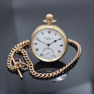 J.W.BENSON offene Taschenuhr in GG 375/000 mit Kette in RG 375/000, London um 1932, glattes Geh. dell., Rückdeckel m. Monogramm, Goldcuvette, ...